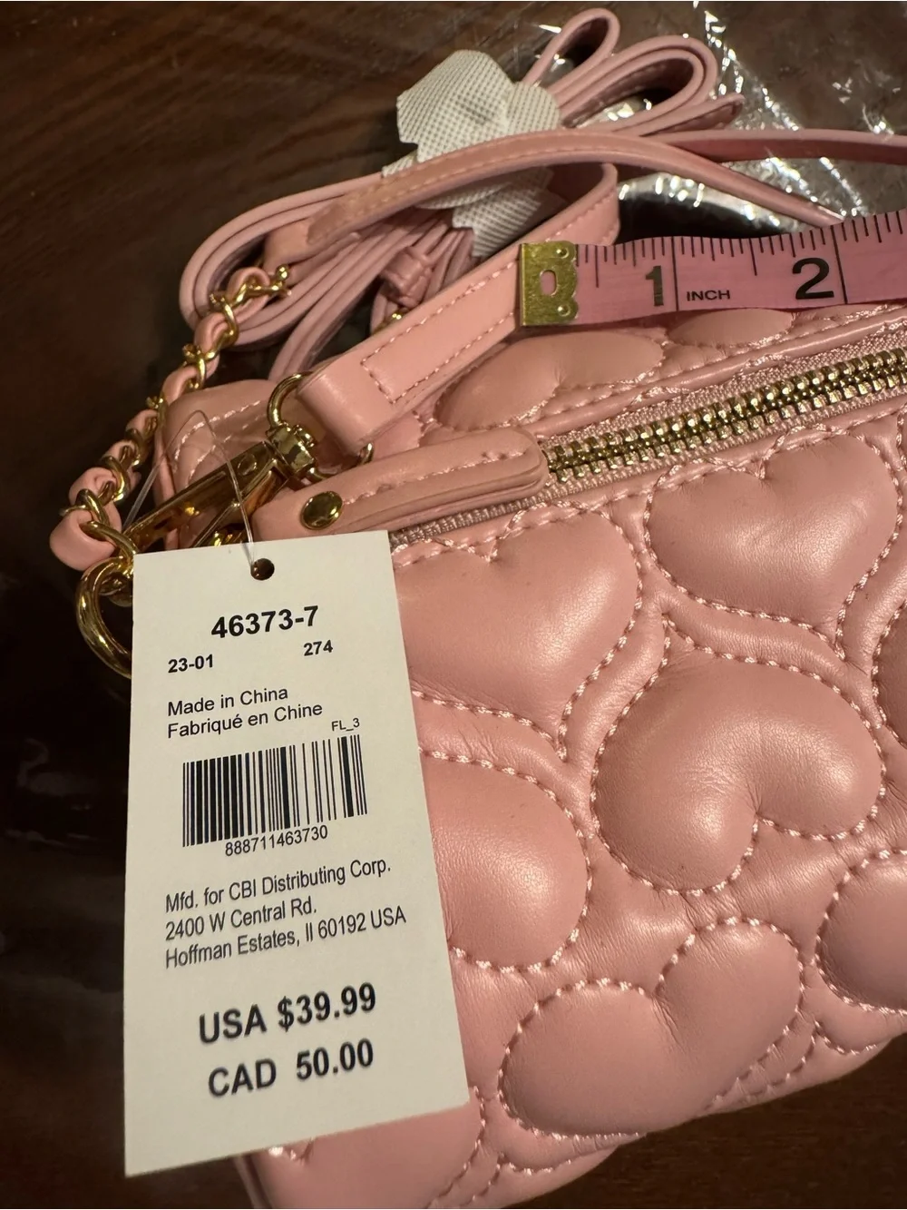 Claire's Pink Heart Quilted Barrel Crossbody Bag with Gold Chain